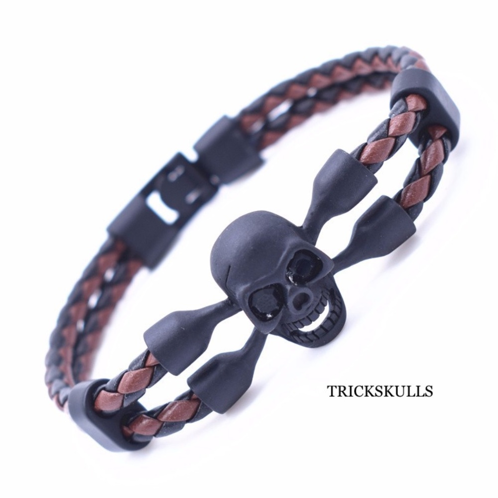 Mens Steel & Leather BLACK & BROWN Braided Skull Head Cuff Bracelet 8 1/4” New!